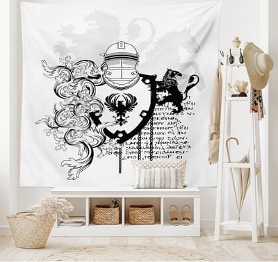 ABAKUHAUS Zwart-wit Wandtapijt, Middeleeuwse Ridder, Woonkamer Slaapkamer Wanddoek Zijdezacht Satijnen Wandtapijt, 150 x 100 cm, Wit Zwart