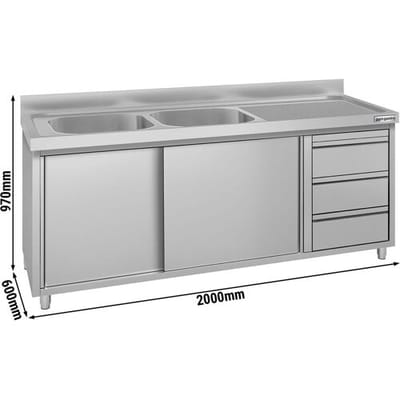 GGM Gastro Spülschrank ECO - 2000x600mm - mit 3 Schubladen & 2 Becken links