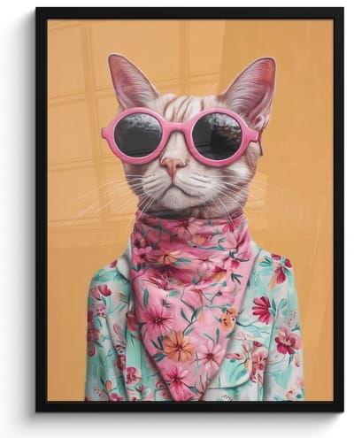 Poster in lijst - Fotolijst 50x70 cm - Posters - Zonnebril - Kat - Sjaal - Bloemen - Posterlijst zwart - Decoratie - Wanddecoratie woonkamer - Muurdecoratie slaapkamer