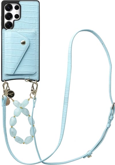 AVY Leren Hoesje geschikt voor Samsung Galaxy S25 Ultra | Met Koord en Kaarthouder | Compatibel met MagSafe | Leather Case met Polsand & Crossbody Koord & Wallet | Rocher Leather Set | Croco Blauw