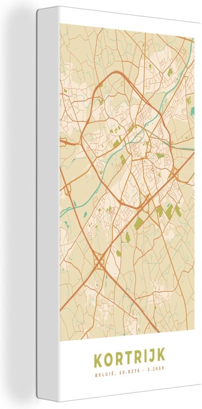 Canvas Schilderij België - Plattegrond - Stadskaart - Kaart - Kortrijk - 20x40 cm - Wanddecoratie