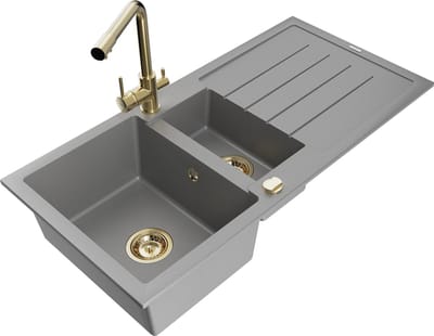 Mexen Andres granieten spoelbak 1,5-baks met afdruiprek en keukenmengkraan Duero, grijs - 6515-71-671600-50