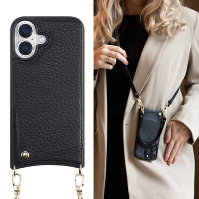 Selencia Hoesje - Geschikt voor Apple iPhone 16 - Backcover met koord en pashouder - Zwart