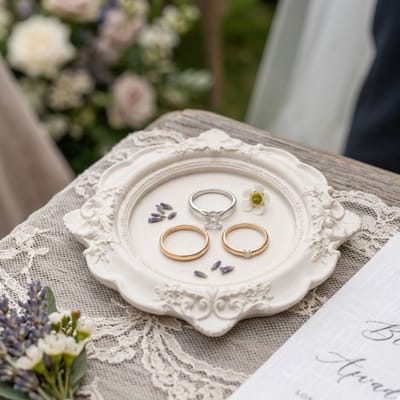 Ringschaaltje vintage off white 9cm - Klassiek sieradenschaaltje handgemaakt - Bruiloft decoratie