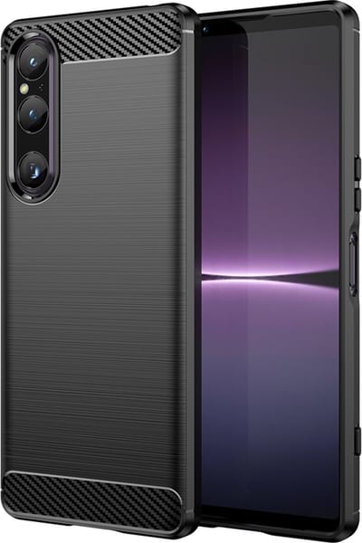 MobyDefend Hoesje - Geschikt voor Sony Xperia 1 V - TPU Backcover - Geborstelde Metaal & Carbon-Look - Zwart