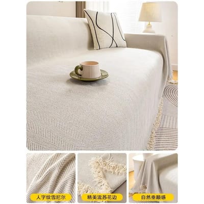 Couverture de canapé en coton tissé Couleur unie Antidérapant Serviette de canapé pour décoration de meubles de salon Tapisserie Housse de canapé avec pompon 180X180cm