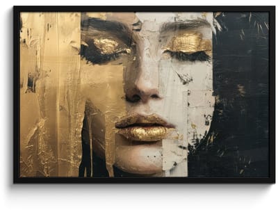 Poster in lijst - Fotolijst 90x60 cm - Posters - Abstract - Goud - Gezicht - Lippen - Posterlijst zwart - Decoratie - Wanddecoratie woonkamer - Muurdecoratie slaapkamer