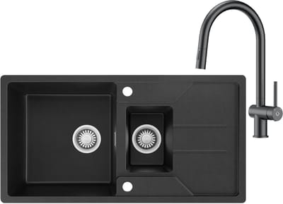CECIPA max Spoelbak Met Kraangat - Granieten Keuken 86x45CM - 1.5 Spoelbak Keuken Met Keukenkraan Met Uittrekbare Uitloop - Met Afdruiprek en Waterafvoersysteem - Spoelbak Keuken - Zwart