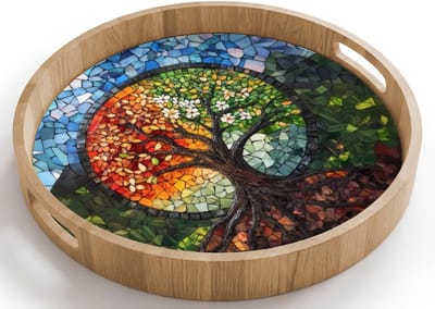 Dienblad rond 40x40 cm - Schootdienblad hout - Boom - Seizoenen - Mozaïek - Bergen - Borrelplank rechthoek - Plateau houten dienbladen