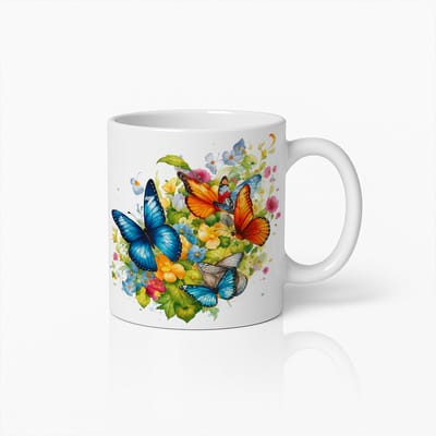 Kleurrijke Vlinder en Bloemenmok – Levendige Keramische Koffiebeker met Artistiek Natuurontwerp