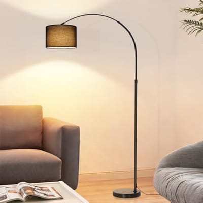 Glitzerlife - Vloerlamp Bogenlamp Staande Lamp - Stoffen Kap E27 - Marmeren Voet - Voetschakelaar - Sfeervolle Leeslamp - Zwart