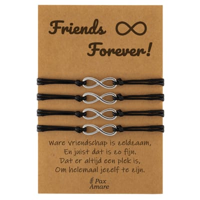Vriendschapsarmbandjes voor 4 " Friends Forever ∞" - Oneindigheidsteken - BFF Armbandjes met Persoonlijk Cadeau Kaartje - Zilverkleurig - Elastisch Verstelbaar - Pax Amare