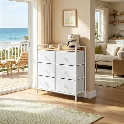 Wishdor - Dressoir - 6 lades - opbergkast voor hal, woonkamer of slaapkamer - retro - houtlook en metaal - wit - 80 x 29 x 78 cm