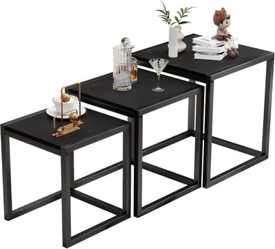Nesting salontafel, set van 3 bijzettafels, metalen frame, vierkant hoekbureau voor woonkamer, slaapkamer, kantoor, industriële stijl, zwart