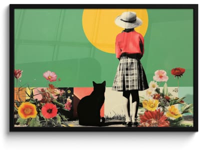 Poster in lijst - Fotolijst 90x60 cm - Posters - Retro - Meisje - Kat - Zon - Posterlijst zwart - Decoratie - Wanddecoratie woonkamer - Muurdecoratie slaapkamer