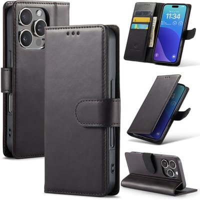 Casemania Echt Leren Hoesje Geschikt voor Apple iPhone 16 Pro - Zwart - Leer Wallet Bookcase - Portemonnee Telefoonhoesje met Pasjeshouder