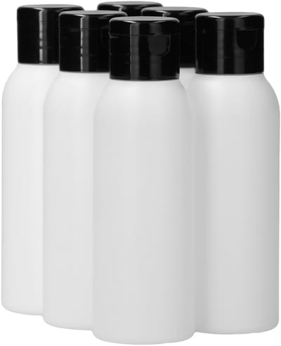 6 x 100 ml ronde fles HDPE wit + Klepdop zwart - BPA Vrij - Niet Breekbaar - Plastic Flesjes Navulbaar - Met Dop - Lege Flessen - 6 stuks