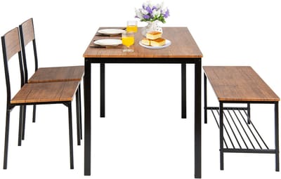 COSTWAY Eettafelset, 4-delig, keukentafel met 2 stoelen, 1 bank en plank, eetgroep, industriële eetgroep, eetkamertafel, metalen frame, bartafelset voor keuken en eetkamer (bruin)