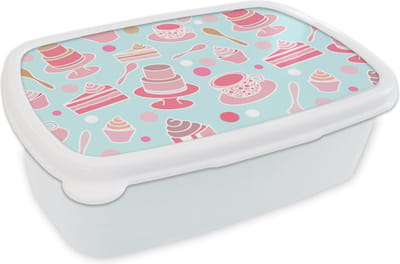 Broodtrommel Wit - Lunchbox - Brooddoos - Taart - Thee - Cupcake - Roze - Design - 18x12x6 cm - Volwassenen