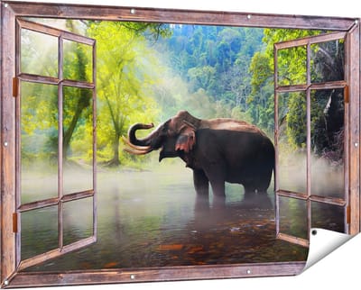 Gards Tuinposter Doorkijk Olifant in het Water - 150x100 cm - Tuindoek - Tuindecoratie - Wanddecoratie buiten - Tuinschilderij