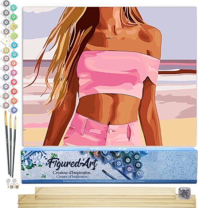 Figured'Art Schilderen op Nummer Volwassenen canvas Zee, zand en stijl- Handwerk acrylverf Kit DIY Compleet - 40x50cm met DIY houten lijst