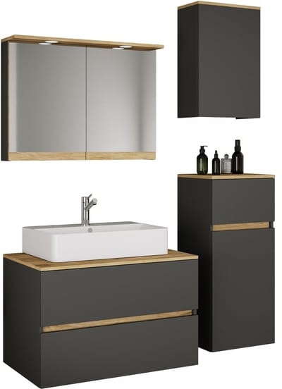 VCM 5-tlg. Waschtisch Set mit Keramikbecken, Badschrank mit 2 Softclose-Schubladen, Midischrank, Hängeschrank, Spiegelschrank mit Beleuchtung und Steckdose, Maße Unterschrank H. 51 x B. 80 x T. 47 cm, Cosila-A