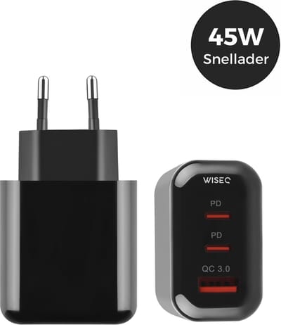 45W adapter USB-C – USB snellader met 3 poorten – oplader USB-C – geschikt voor Samsung Galaxy en iPhone – zwart – WiseQ