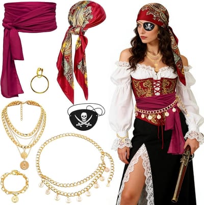 Complete Piraten Kostuum Accessoire Set voor Vrouwen met Hoofddoek, Sieraden en Masker - Perfect voor Halloween en Piratenfeesten