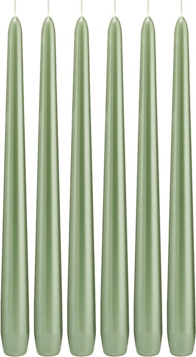 6x Pastelgroene parelmoer dinerkaarsen 30 cm 13 branduren - Geurloze kaarsen - Rechte tafelkaarsen/kandelaarkaarsen