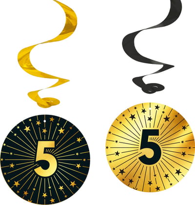 4x Swirls 5 jaar zwart / goud - Golden Celebrations - Verjaardag Feestje Hangdecoratie Versiering Feestdecoratie Decoratie