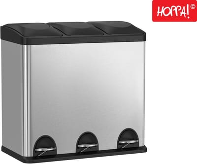 Hoppa! - Drievoudige afvalbak - 3 x 18 L - grijs RVS - 61 x 36 x 57 cm (L x D x H)