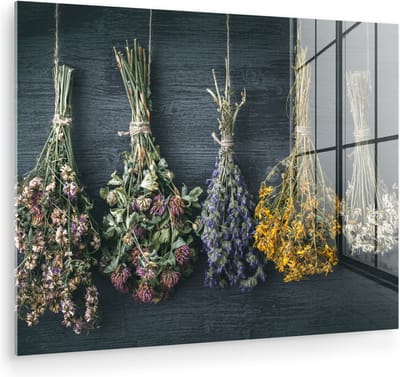 MuchoWow® Glasschilderij 40x30 cm - Schilderij acrylglas - Droogbloemen - Bloemen - Boeket - Stilleven - Touw - Bundel - Foto op glas - Muurdecoratie woonkamer - Wanddecoratie slaapkamer - Schilderijen