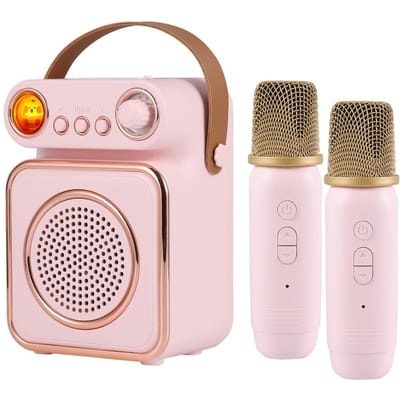 Mini Machine à karaoké, ensemble de microphones et haut-parleurs sans fil avec 2 microphones rechargeables, couleur LED rose