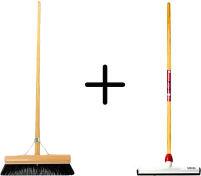 Synx Tools Paardenhaar 30cm + Vloertrekker Kunststof 35cm met Steel 150 cm – Zaalveger – Vloerreiniger – Natuurrubber – Zachte binnenbezem met steel 130cm