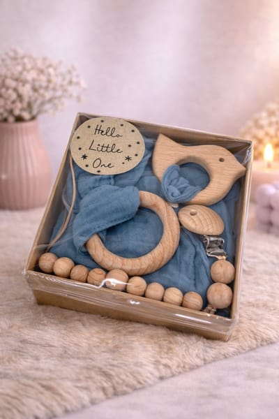 Kraamcadeauset: Bijtring, Spuugdoek en Speenclip  | Viva Femme | Baby | Kraamcadeau | Babyshower | Gender reveal | Blauw