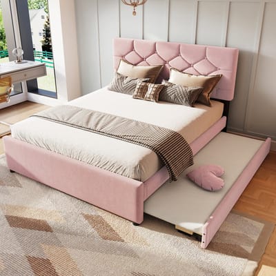 DESMIU Gestoffeerd Bed 140x200cm – Bed Met Uitschuifbed en Lattenbodem – Hoofdbord Met Knopen en Opbergruimte – Voor Slaapkamer en Jeugdkamer – Fluweel – Roze – Zonder Matras
