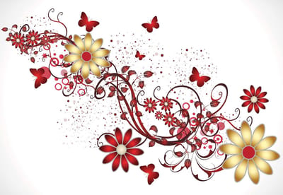 Fotobehang Flowers Butterflies Pattern Red | XL - 208cm x 146cm | 130g/m2 Vlies