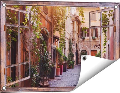 Gards Tuinposter Doorkijk Straatje in Rome met Groene Planten - 60x40 cm - Tuindoek - Tuindecoratie - Wanddecoratie buiten - Tuinschilderij
