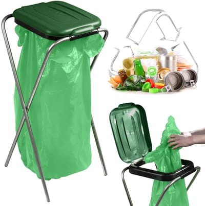 KADAX Enkele vuilniszakhouder, vuilniszakstandaard in 5 kleuren uitvoeringen, standaard voor afvalscheiding met plastic deksel, vuilniszakhouder voor zakken van 120 l (groen)
