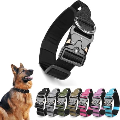 Tactische hondenhalsband met handvat, verstelbare hondenhalsband van polypropyleen met metalen gesp, middelgroot, gewatteerd, zacht, tactische hondenhalsband (zwart, L)