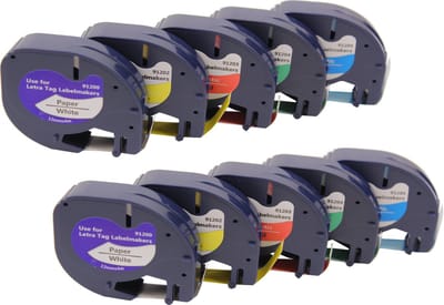 KATRIZ® huismerk label tape voor Dymo | 2x 91200(Zwart op Wit) + 2x 91203(Zwart op Rood) + 2x 91205(Zwart op Blauw) + 2x 91202(Zwart op Geel) + 2x 91204(Zwart op Groen) | 12mm*4m | 10 stuks