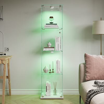 LED-vitrinekast met glazen deuren, één deur, afsluitbaar met vier lagen, geschikt voor de woonkamer, voor verzamelobjecten, boeken of als wijnkast - witte LED-stripverlichting