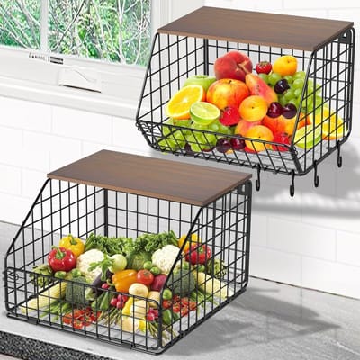 Fruitmand Set, 1 XL & 1 M Formaat, Metalen Opstapelbare Fruitmand voor Keuken met Houten Deksels & 4 Haken, Wandmontage Fruit Schaal voor Groente, Snacks, Zwart