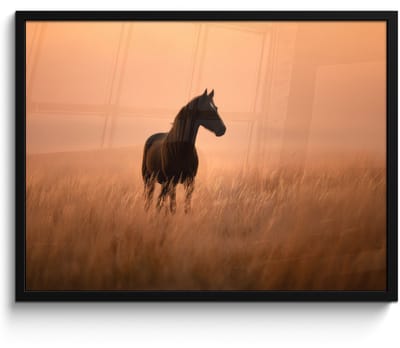 Poster in lijst - Fotolijst 80x60 cm - Posters - Paard - Grasveld - Zonsondergang - Posterlijst zwart - Decoratie - Wanddecoratie woonkamer - Muurdecoratie slaapkamer