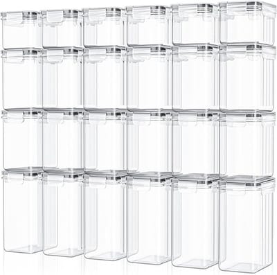 Famanu – Food Storage Voorraaddozen - set van 24 - luchtdichte opbergdoos met deksel - keukenorganizer voor meel - suiker - muesli en meer - incl. etiketten en marker - voor keuken en koelkast - 33,6 l