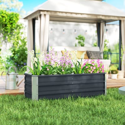 MEUNIQ stalen moestuinbak 125 x 47 x 40 cm met open bodem en handschoenen, plantenbak voor groenten, kruiden en bloemen voor tuin of terras, grijs