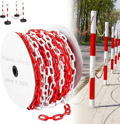 Afsluitketting 50 m in rood/wit, kunststof, 6 mm dik, ideaal voor het afschermen van gebieden, goed zichtbaar en duurzaam