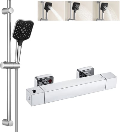 Auralum Max Thermostatische Douchekraan - 15 cm Hartafstand - met 70 cm Glijstang - 3 Standen Handdouche - Doucheset - Veiligheidsfuncties - Waterbesparend - Zilver