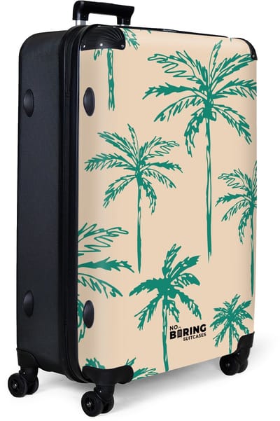 NoBoringSuitcases.com® - Koffer groot - Reiskoffer lichtgewicht - Beige met groene palmbomen print - Rolkoffer met 4 wielen - Grote trolley XL - 98 liter bagage