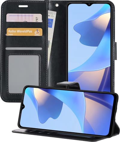 Hoesje - Geschikt voor OPPO A16s - Luxe Bookcase - Walletcase Hoes - Portemonnee - Cover - Telefoonhoes - Zwart